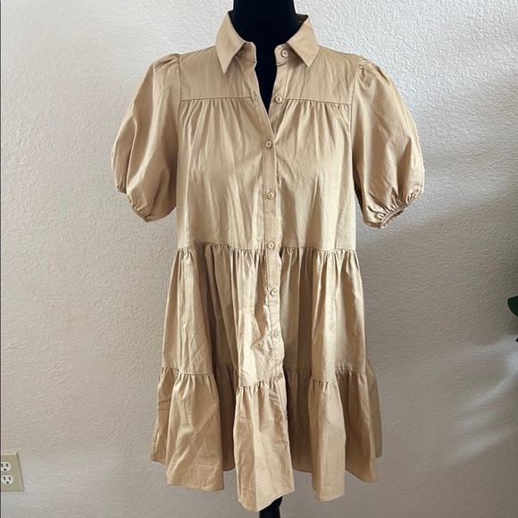 Zara Tan Puff Sleeved Button Down Collared Poplin Mini Dress 0140 - Picture 2 of 8